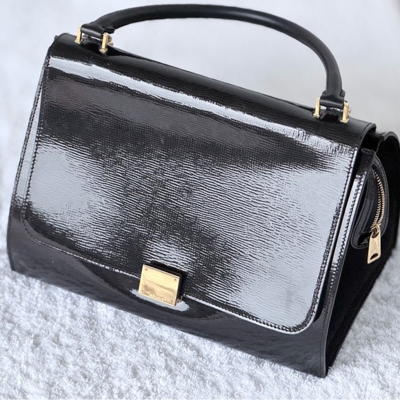 Celine Handbags - Celine Glossy Black and Gold Satchel swing bag
